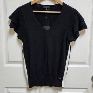 DKNY Top Womens XS Black Knit V Neck Flutter Sleeve White Stripe Casual New